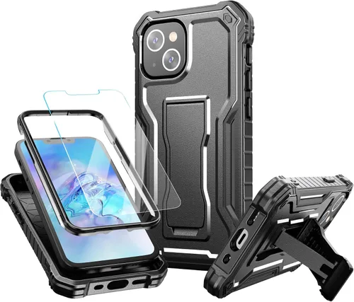 Vista 15 de FITO Funda para Apple iPhone 13, doble capa a prueba de golpes resistente con protector de pantalla de vidrio templado y soporte integrado (verde)