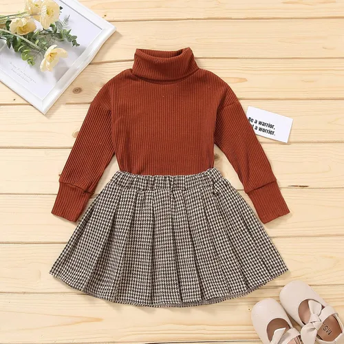 Vista 7 de Conjunto de ropa de dos piezas para niña pequeña, suéter de manga larga y faldas a cuadros, trajes de otoño e invierno