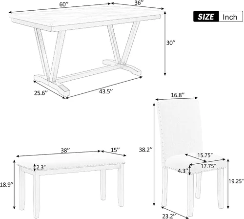 Vista 3 de Merax Juego de mesa de comedor de 6 piezas con banco, mesa de comedor rectangular con 4 sillas tapizadas y un banco, juego de sillas de mesa