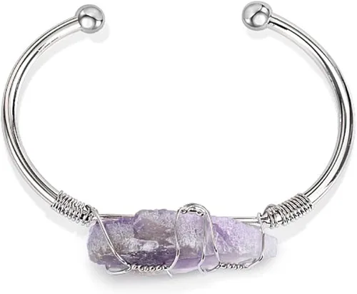 Vista 3 de Jeulia Brazalete de piedra curativa para mujer pulsera abierta de cuarzo rosa con cristales curativos naturales irregulares envueltos en cristales