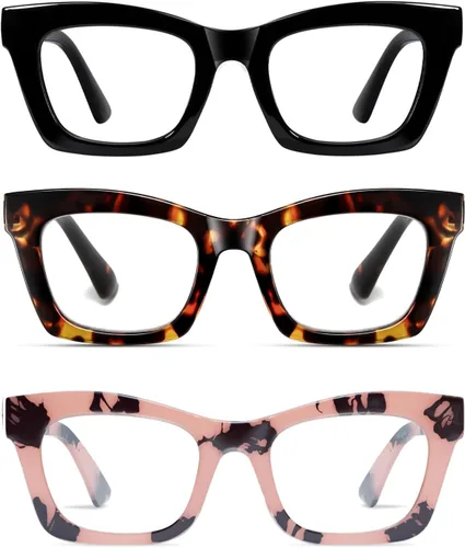 Vista 21 de Paquete de 3 anteojos de lectura con bloqueo de luz azul, marco grueso para Negro+negro rosa+rosa leopardo