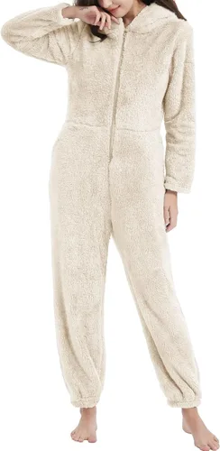 Vista 3 de Pijama con capucha de forro polar para mujer, con cremallera, ropa de dormir con orejas