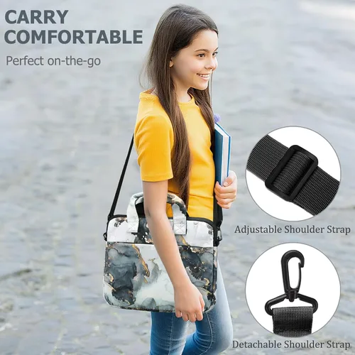 Vista 2 de JIANYA Bolsa de transporte para tableta para niños con correa para el hombro, 10-12.5 pulgadas, mármol cian