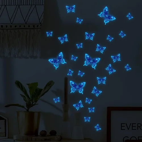 Vista 3 de Calcomanías de pared de mariposa que brillan en la oscuridad, calcomanías de pared de mariposa luminosas azules, calcomanías de pared para estilo 10