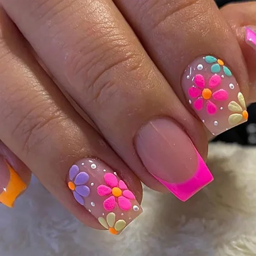 Vista 20 de Uñas postizas a presión de mariposa - Uñas falsas cortas cuadradas con diseños en relieve 3D, punta francesa blanca, acabado mate, acrílico rosa