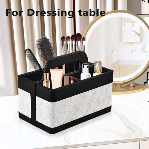 Vista 4 de Organizador de Escritorio Caddy con Asa - Soporte Portátil de Cuero PU para Control Remoto - Bolsa de Almacenamiento Tote para Mesita de Noche