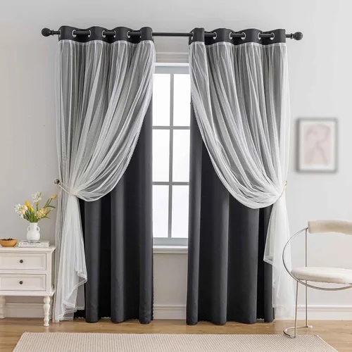 Vista 12 de indistar Cortinas Oscuras para el Hogar de Doble Capa con Capa Sólida y Transparente, Par de Paneles de Cortina con Ojales en la Parte Superior, 52