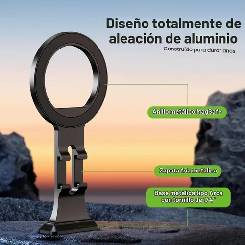 Vista 3 de elitehood Soporte para trípode Magsafe de aluminio, soporte de teléfono compacto para trípode con placa de liberación rápida Arca Swiss y adaptador