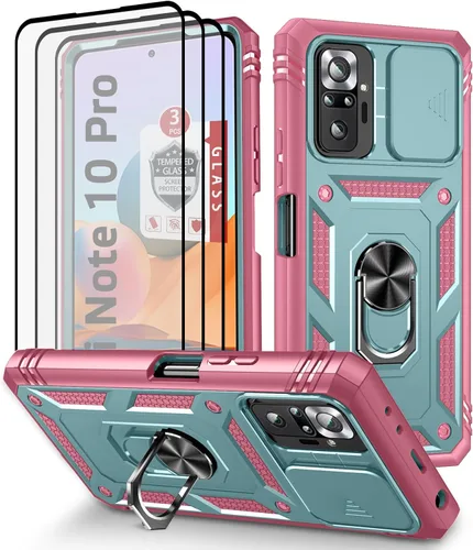 Vista 8 de Funda para Xiaomi Redmi Note 10 Pro, Redmi Note 10 Pro MAX con 3 protectores de pantalla de vidrio templado con soporte de anillo integrado + Negro