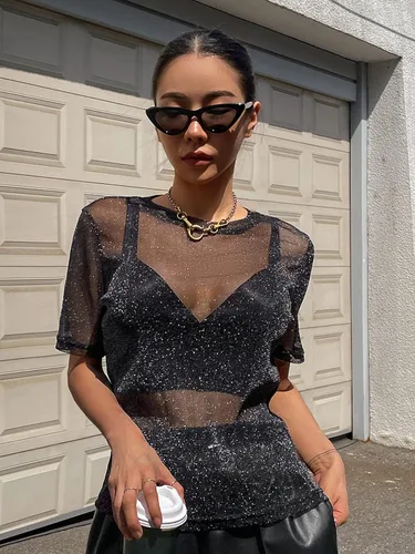 Vista 6 de Cozyease Camiseta de malla semitransparente sólida para mujer, manga corta, cuello redondo