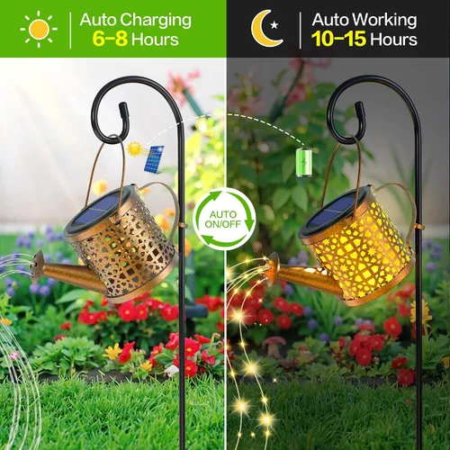 Vista 5 de Luces Solares de Regadera Impermeables, Luces Solares Decorativas para Exteriores Decoración de Jardín Luces Colgantes de Metal para Exteriores
