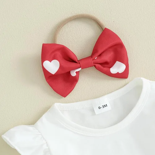 Vista 3 de Conjunto de 2 piezas para el día de San Valentín para bebé niña, mameluco de manga larga con tirantes de encaje y corazón, 2 piezas para otoño e