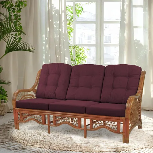 Vista 29 de Malibu Lounge Sofá de tres plazas de mimbre de ratán natural, diseño hecho a mano (cojines marrón claro, colonial)