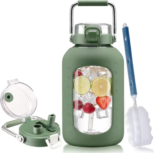 Vista 28 de BLUEGO Botella de agua de vidrio de 64 onzas con mango de acero inoxidable, botella de agua grande con marcadores de tiempo y funda de silicona Ámbar