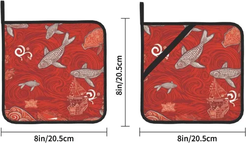 Vista 2 de Juego de 2 soportes para ollas con estampado de animales de mar rojo, resistentes al calor, antideslizantes, impermeables, con lazo para microondas