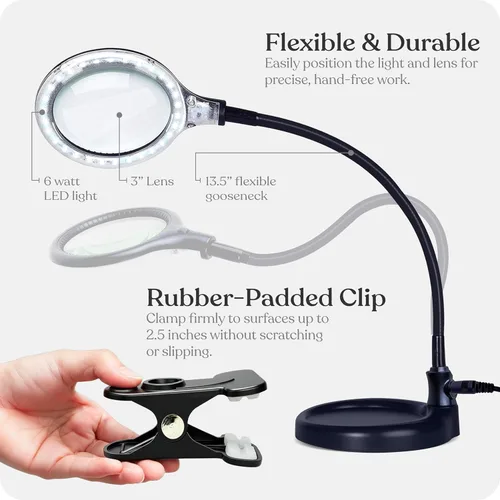 Vista 5 de Brightech LightView Pro Flex 2 en 1: Lámpara de escritorio de aumento, lupa de luz ajustable de 1.75x, con luz para manualidades, lectura, trabajo