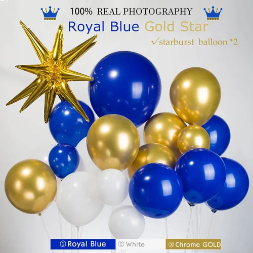Vista 3 de Kit de arco de guirnalda de globos azul rey y dorado 156 piezas, globos azules, dorados, blancos con estrellas para boda, príncipe, baby shower