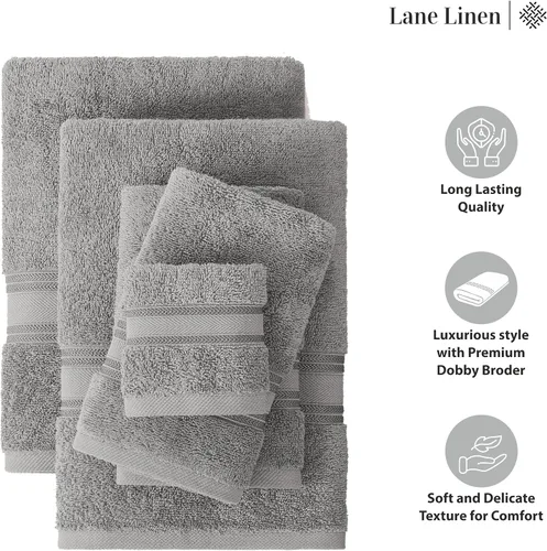 Vista 6 de LANE LINEN Juego de toallas de baño de lujo, 3 piezas, 100% algodón, secado rápido, extra aborbentes, juego de toallas súper suaves, 1 toalla de Gris