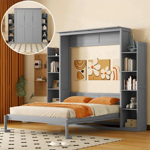Vista 11 de Twin Murphy Wall Bed with Sofa, Mountain Print & USB Charging Gray Sofa1
