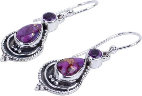 Vista 3 de NOVICA Aretes colgantes artesanales hechos a mano de amatista de plata con turquesa compuesta de ley reconstituida con piedra natal india púrpura