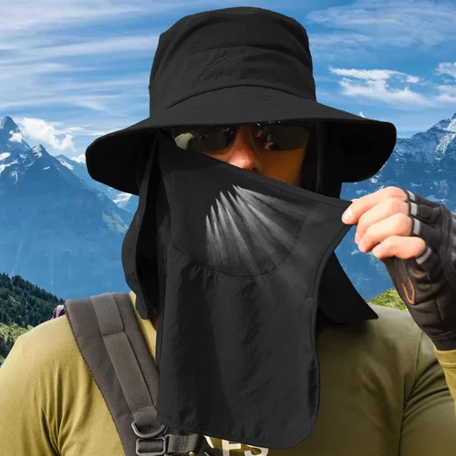 Vista 5 de Sombrero de pesca para hombre, sombrero de protección solar con malla extraíble, cubierta de solapa para el cuello, correa resistente al viento