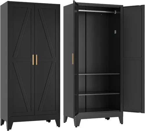 Vista 18 de COFaR Armario Armario con cajones y barra para colgar, armario de metal de 71 pulgadas con puertas y estante ajustable, armario de granja para Blanco