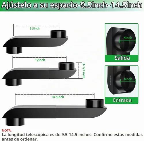 Vista 2 de Rejilla de ventilación para secadora de periscopio de 9.5 a 14.5 pulgadas, conducto telescópico de perfil bajo para espacios reducidos