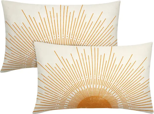 Vista 9 de Juego de 2 fundas de almohada verdes bohemias de 16 x 16 pulgadas, diseño bohemio, amanecer, puesta de sol, estampado abstracto de sol, fundas