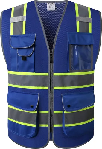 Vista 10 de JKSafety Chaleco de seguridad frontal con cremallera de alta visibilidad Clase 2 de 9 bolsillos con tiras reflectantes, cumple con las normas