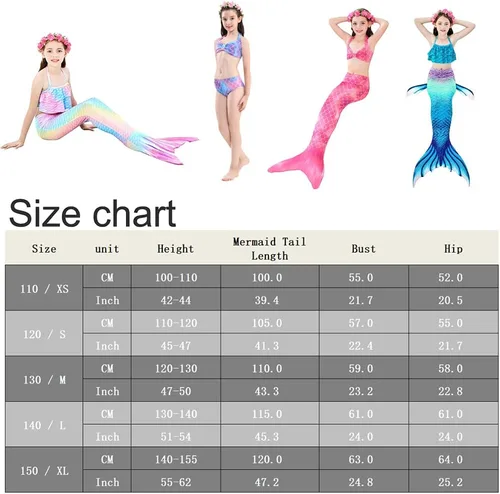 Vista 7 de Traje de baño para niñas con colas de sirena para nadar, traje de baño de princesa con guirnalda