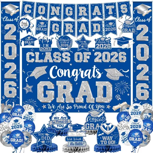 Vista 22 de Decoraciones de graduación 2026, juego de decoraciones de graduación rojo y negro con pancarta y telón de fondo de felicitaciones, letrero
