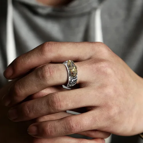 Vista 4 de RUIFUU Feng Shui Pixiu Mantra Anillo Lucky Wealth Love Health Anillo Budista Joyería para Hombres Mujeres, Cobre, oro, plata