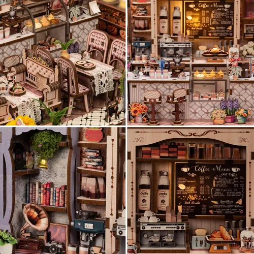 Vista 5 de Kit de rincón de libro, kit de casa de muñecas en miniatura para casa de muñecas, Booknook Tiny House Librería, rompecabezas de madera 3D, regalos