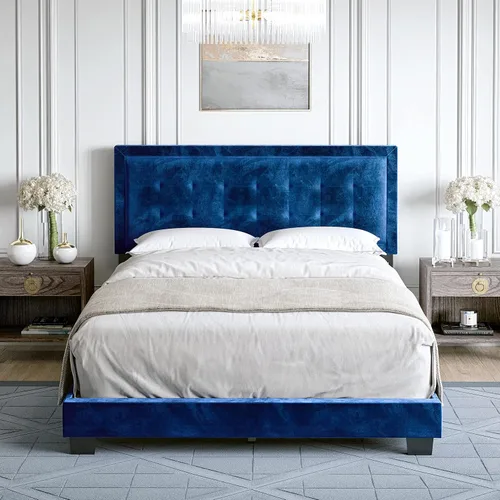 Vista 8 de Boyd Sleep Pisa - Base de cama de terciopelo azul tamaño Queen totalmente tapizada con cabecero ajustable, no requiere somier, fácil montaje, sin