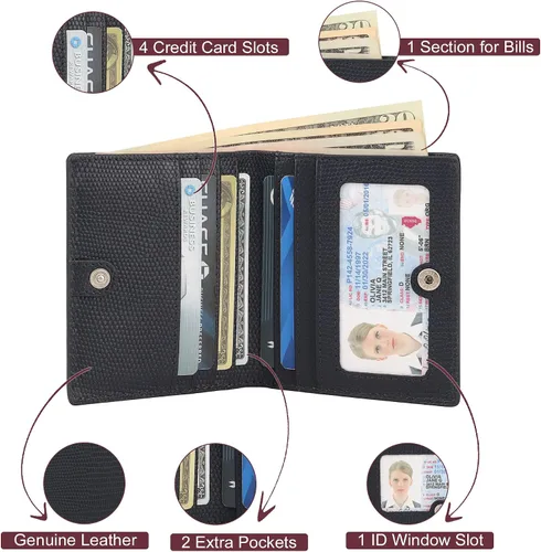 Vista 4 de BOTANNER Mini monedero de bolsillo compacto de cuero para mujer con seguridad RFID - NEGRO, marino, Minimalista