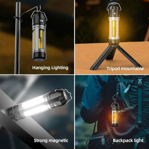 Vista 2 de Linterna magnética recargable con soporte y gancho, luz de campamento regulable con 3 colores, mini luz de trabajo LED estroboscópica SOS, luces