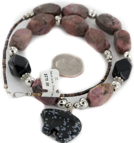 Vista 4 de 280al por menor etiqueta oso auténtico fabricado por Charlene Little Navajo plata Natural ónix negro Charoite y obsidiana copo collar de nativo