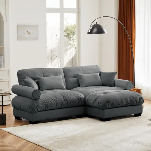 Vista 39 de Reposapiés Otomano Tapizado de Terciopelo con Cojín para Sofá Seccional Sofá 300 libras para Sala de Estar (Beige)