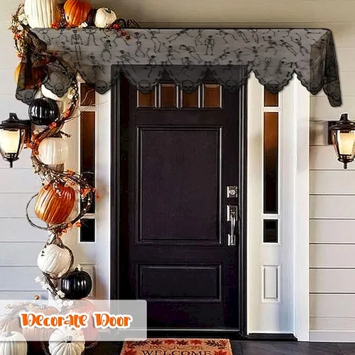 Vista 4 de AerWo Cubierta de bufanda de encaje negro para chimenea, decoración de Halloween para interiores, decoración de cortina de ventana de puerta