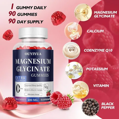Vista 4 de Glicinato de magnesio 400 mg Gomitas, gomitas de magnesio sin azúcar con vitaminas D, B6 para apoyo al sueño, alivio del estrés y músculos