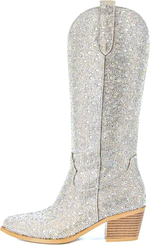 Vista 2 de SOVANYOU - Botas de cowboy con tachuelas para mujer, puntera en forma de almendra, tacón de bloque brillante, botas de vaquera con tachuelas