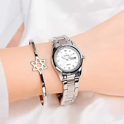 Vista 6 de MASTOP Reloj clásico de moda para mujer, resistente al agua, acero inoxidable, redondo, fecha, analógico, cuarzo, vestido, Blanco, Movimiento