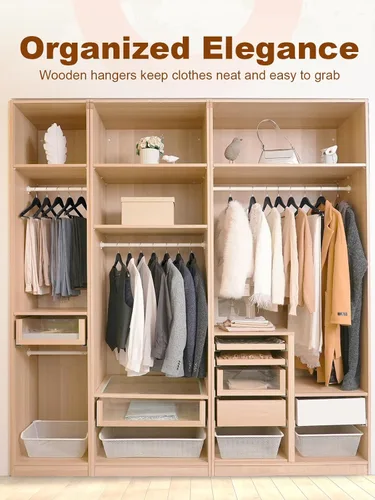 Vista 7 de HOUSE DAY - Paquete de 10 perchas de madera negra, percha de madera maciza con barra antideslizante para pantalones, percha de abrigo de madera