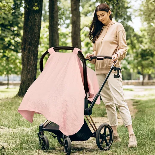 Vista 5 de Funda de asiento de automóvil de muselina de verano, transpirable, para bebés y niñas, fundas multiusos para lactancia materna, color rosa