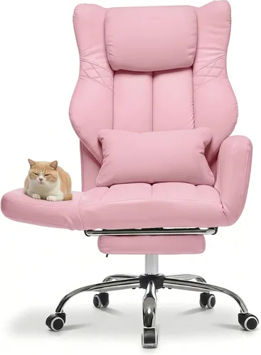 Vista 7 de Silla de oficina ejecutiva de respaldo alto con reposapiés, piel sintética reclinable, soporte lumbar, estilo entrecruzado, reclinación de 155° Beige