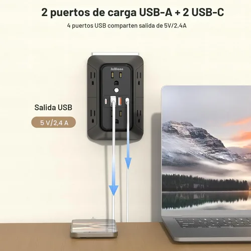 Vista 4 de JcBlaon Extensor de Enchufe Protector de Sobretensiones - Divisor de 6 Salidas con 4 Puertos USB (2 USB C), Expansor de Enchufes Múltiples Cargador