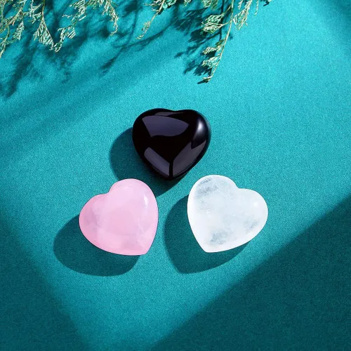 Vista 2 de QINJIEJIE 3 piezas de cristales de corazón grandes de 1.2 pulgadas, cuarzo rosa, obsidiana, transparente, natural, curativo, piedras