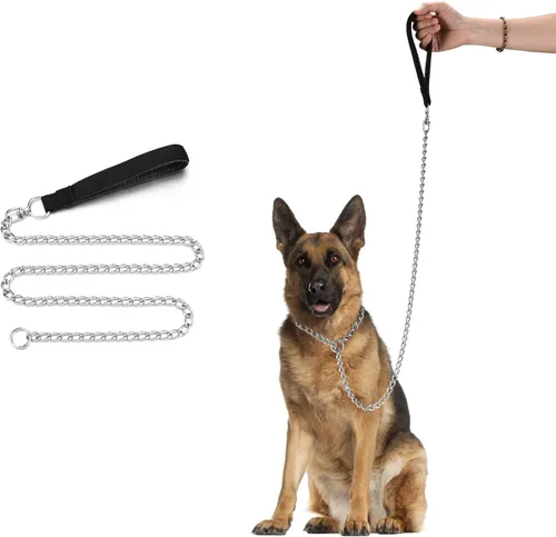 Vista 11 de Correa y collar de metal para perro, cadena a prueba de mordidas de 4 pies con cadena en P, correa resistente para mascotas con mango acolchado