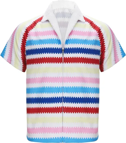 Vista 4 de Allan - Camisa de disfraz a rayas para adultos, para hombre, diseño de arco iris, playa, hawaiana, Halloween, cosplay, camisa de manga corta