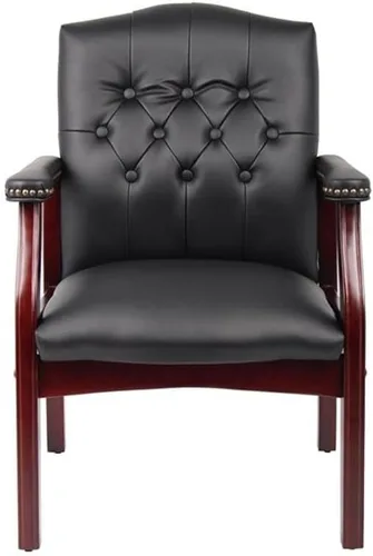 Vista 8 de Pemberly Row Silla de invitados tradicional de piel sintética, tapicería negra, base de madera de caoba con clavos de latón antiguo, 24.5 x 27 x